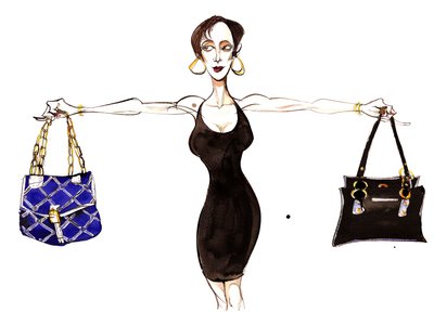Signos del Zodiaco: Libra equilibrando bolsos (de una serie de caricaturas de moda, una para cada signo del zodiaco) de Neale Osborne